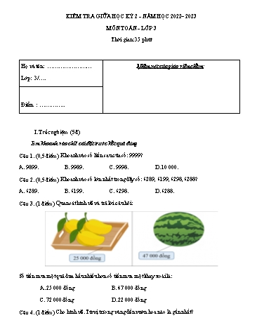 Đề kiểm tra giữa học kỳ 2 môn Toán + Tiếng Việt 3 - Năm học 2022-2023 (Có đáp án)
