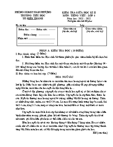 Đề kiểm tra giữa học kỳ II môn Tiếng Việt Lớp 4 - Năm học 2021-2022 - Trường Tiểu học Tô Hiến Thành (Có đáp án)