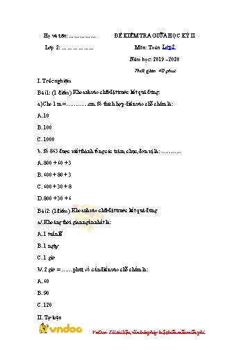 Đề kiểm tra giữa học kỳ II môn Toán 2 - Năm học 2019-2020