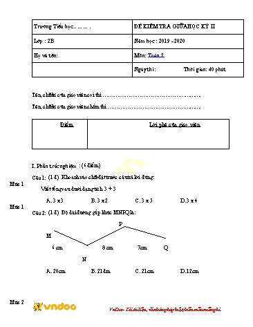 Đề kiểm tra giữa học kỳ II môn Toán Lớp 2 - Năm học 2019-2020 (Có đáp án)