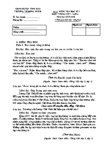 Đề kiểm tra học kì I môn Tiếng Việt 3 - Năm học 2024-2025 - Trường Tiểu học Đồng Minh (Có đáp án)