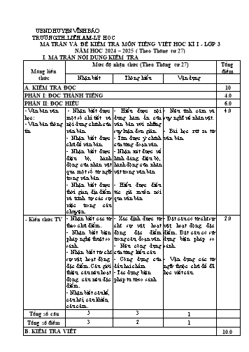 Đề kiểm tra học kì I môn Tiếng Việt 3 - Năm học 2024-2025 - Trường Tiểu học Liêm Am - Lý Học (Có đáp án + Ma trận)