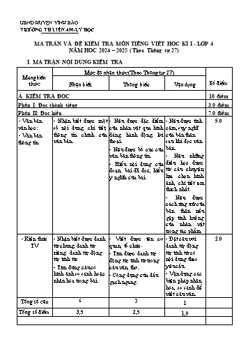 Đề kiểm tra học kì I môn Tiếng Việt 4 - Năm học 2024-2025 - Phòng Giáo dục và Đào tạo (Có đáp án + Ma trận)