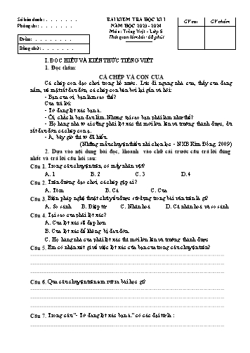 Đề kiểm tra học kì I môn Tiếng Việt 5 - Năm học 2023-2024 (Có đáp án)