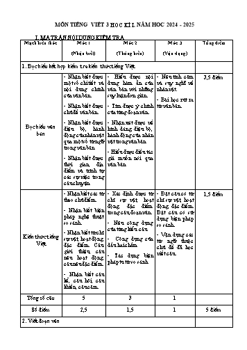 Đề kiểm tra học kì I môn Tiếng Việt Lớp 3 - Năm học 2024-2025 - (Có đáp án + Ma trận)