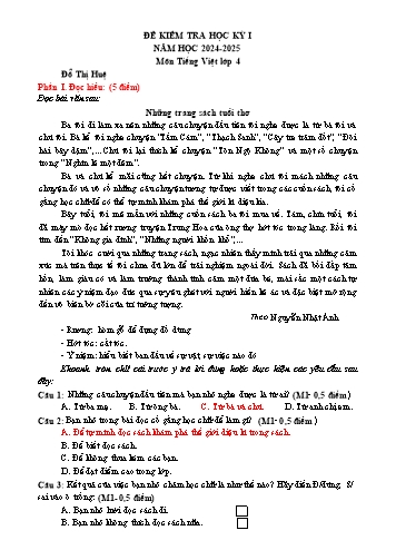 Đề kiểm tra học kì I môn Tiếng Việt Lớp 4 - Năm học 2024-2025 - Đỗ Thị Huệ (Có đáp án)