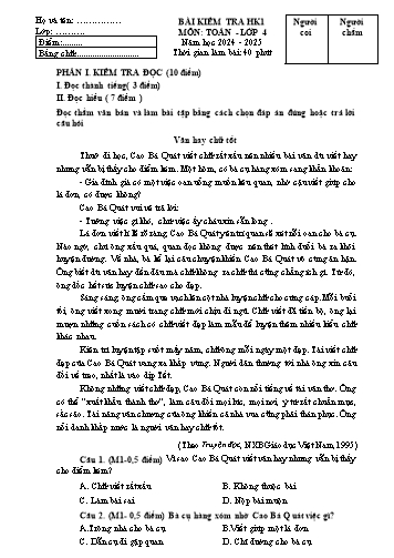 Đề kiểm tra học kì I môn Tiếng Việt Lớp 4 - Năm học 2024-2025 (Có đáp án)