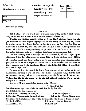Đề kiểm tra học kì I môn Tiếng Việt + Toán Lớp 4 - Năm học 2023-2024 (Có đáp án)