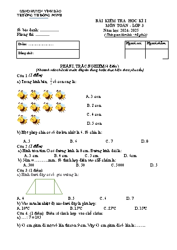 Đề kiểm tra học kì I môn Toán 3 - Năm học 2024-2025 - Trường Tiểu học Đồng Minh (Có đáp án)