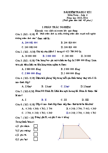 Đề kiểm tra học kì I môn Toán 4 - Năm học 2023-2024 (Có đáp án)