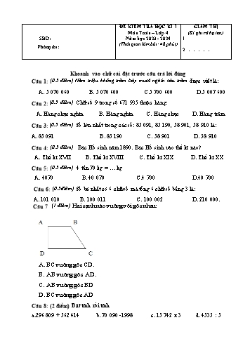 Đề kiểm tra học kì I môn Toán Lớp 4 - Năm học 2023-2024 (Có đáp án)