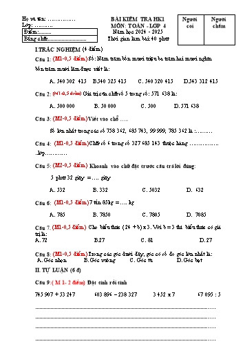 Đề kiểm tra học kì I môn Toán Lớp 4 - Năm học 2024-2025 (Có đáp án + Ma trận)