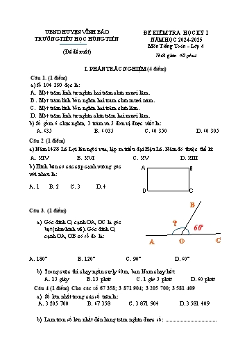Đề kiểm tra học kì I môn Toán Lớp 4 - Năm học 2024-2025 - Trường Tiểu học Hùng Tiến (Có đáp án)