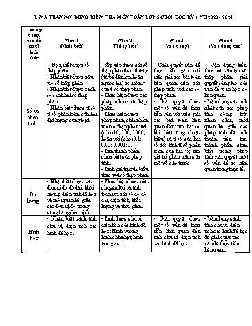 Đề kiểm tra học kì I môn Toán Lớp 5 - Năm học 2023-2024 (Có đáp án + Ma trận)