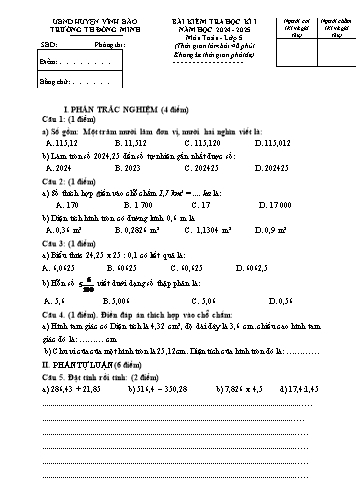Đề kiểm tra học kì I môn Toán Lớp 5 - Năm học 2024-2025 - Trường Tiểu học Đồng Minh (Có đáp án)