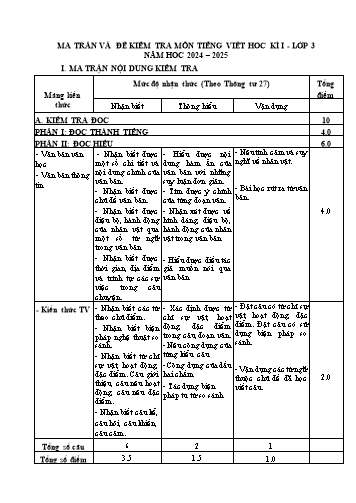 Đề kiểm tra học kì I mônTiếng Việt Lớp 3 - Năm học 2024-2025 (Có đáp án + Ma trận)