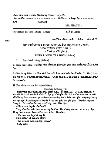 Đề kiểm tra học kì II môn Tiếng Việt 3 - Năm học 2022-2023 - Trường Tiểu học Dư Hàng Kênh (Có đáp án + Ma trận)