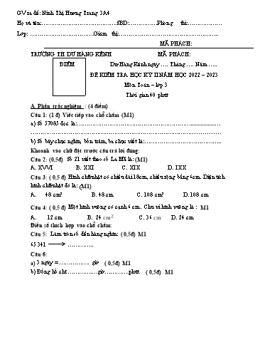 Đề kiểm tra học kì II môn Toán 3 - Năm học 2022-2023 - Trường Tiểu học Dư Hàng Kênh (Có đáp án + Ma trận)