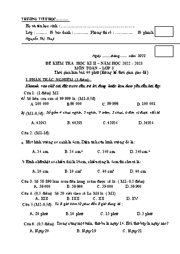Đề kiểm tra học kì II môn Toán Lớp 3 - Năm học 2022-2023 - Nguyễn Thị Thúy (Có đáp án + Ma trận)