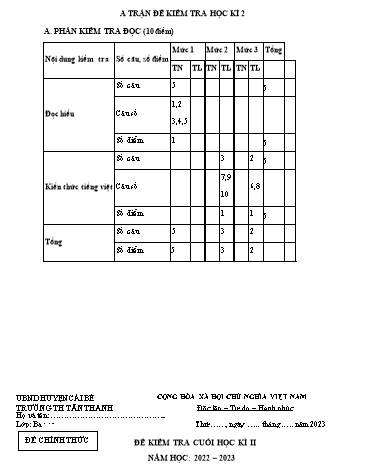 Đề kiểm tra học kì II môn Toán + Tiếng Việt 3 - Năm học 2022-2023 - Trường Tiểu học Tân Thanh (Có đáp án + Ma trận)
