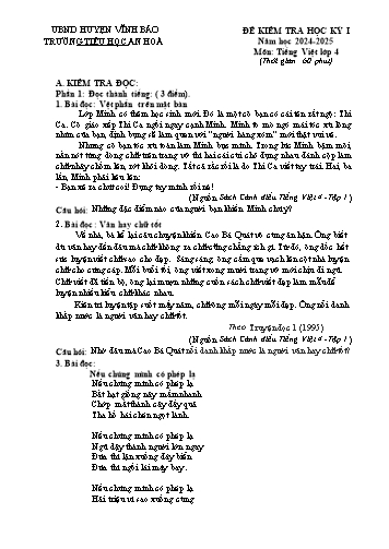 Đề kiểm tra học kỳ I môn Tiếng Việt 4 - Năm học 2024-2025 - Trường Tiểu học An Hòa (Có đáp án)