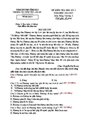 Đề kiểm tra học kỳ I môn Tiếng Việt Lớp 3 - Năm học 2024-2025 - Trường Tiểu học Vĩnh Tiến - Cổ Am (Có đáp án)