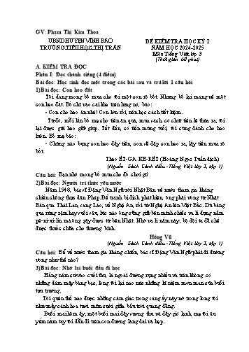 Đề kiểm tra học kỳ I môn Tiếng Việt Lớp 3 - Năm học 2024-2025 - Trường Tiểu học Thị Trấn (Có đáp án)