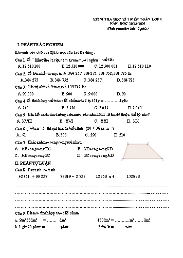 Đề kiểm tra học kỳ I môn Toán 4 - Năm học 2023-2024 (Có đáp án)