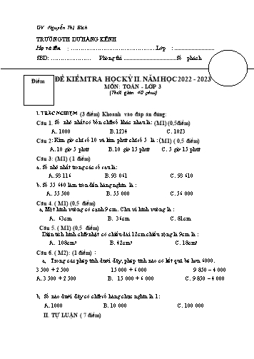 Đề kiểm tra học kỳ II môn Toán 3 - Năm học 2022-2023 - Trường Tiểu học Dư Hàng Kênh (Có đáp án)