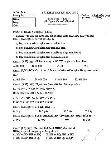 Đề kiểm tra kỳ học kỳ I môn Toán Lớp 4 (Có đáp án)