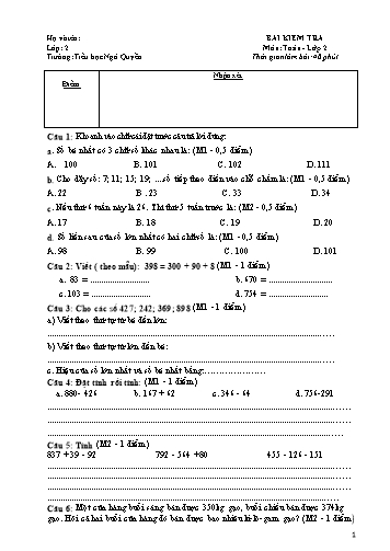 Đề kiểm tra môn Toán 2 - Trường Tiểu học Ngô Quyền