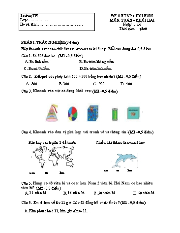 Đề ôn tập cuối năm môn Toán Khối 2 (Có đáp án)