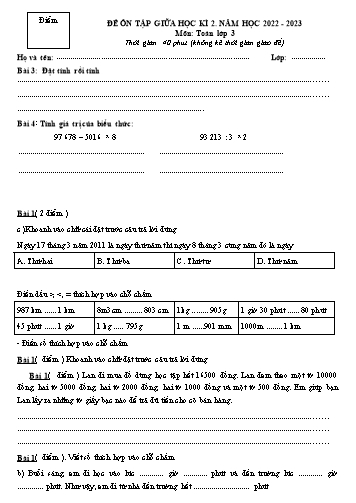 Đề ôn tập giữa học kì 2 môn Toán 3 - Năm học 2022-2023 (Có đáp án)
