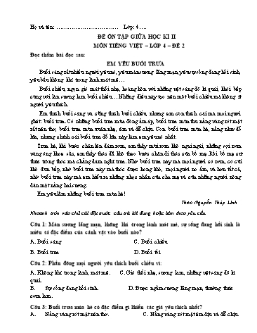 Đề ôn tập giữa học kì II môn Tiếng Việt Lớp 4