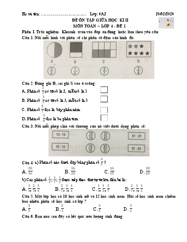Đề ôn tập giữa học kì II môn Toán + Tiếng Việt Lớp 4 - Năm học 2023-2024