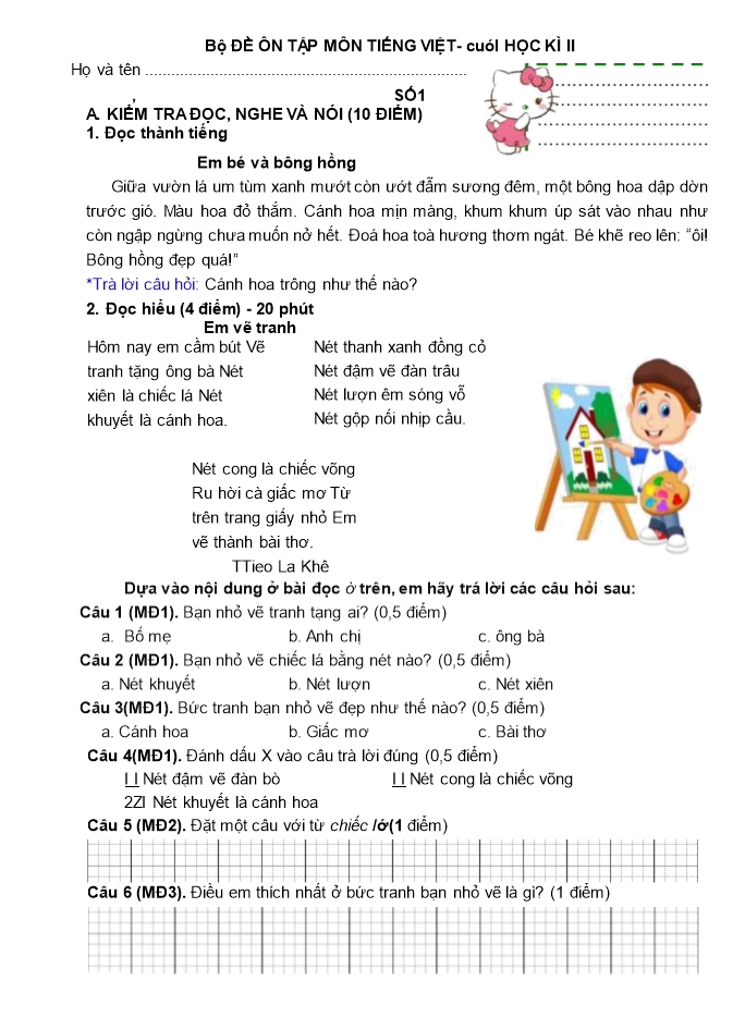 Đề ôn tập môn Tiếng Việt Lớp 1 cuối học kì II