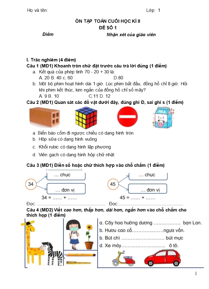 Đề ôn tập môn Toán 1 cuối học kì II