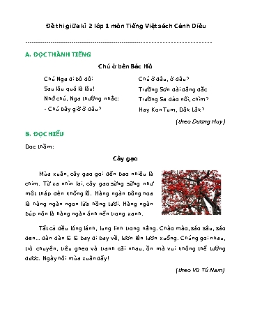 Đề thi giữa học kì 2 môn Tiếng Việt Lớp 1 Sách Cánh diều