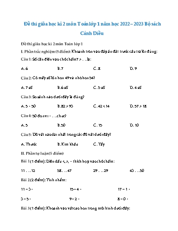 Đề thi giữa học kì 2 môn Toán 1 (Bộ sách cánh diều) - Năm học 2022-2023 (Có đáp án)