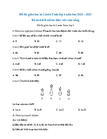 Đề thi giữa học kì 2 môn Toán 1 (Bộ sách kết nối tri thức) - Năm học 2022-2023 (Có đáp án)