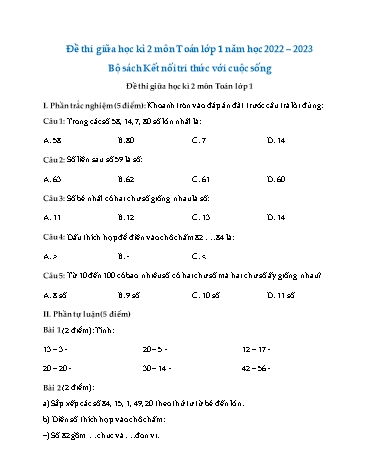 Đề thi giữa học kì 2 môn Toán 1 (Kết nối tri thức) - Năm học 2022-2023 (Có đáp án)