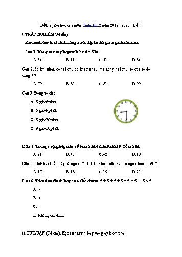 Đề thi giữa học kì 2 môn Toán 2- Năm học 2019-2020