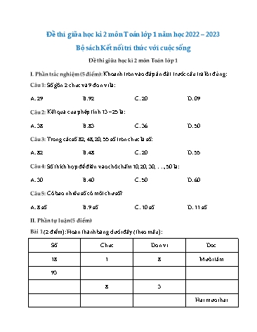 Đề thi giữa học kì 2 môn Toán Lớp 1 (Bộ sách kết nối tri thức) - Năm học 2022-2023 (Có đáp án)