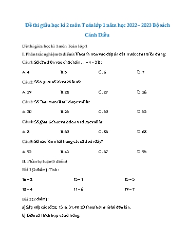 Đề thi giữa học kì 2 môn Toán Lớp 1 (Sách cánh diều) - Năm học 2022-2023 (Có đáp án)