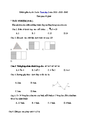 Đề thi giữa học kì 2 môn Toán Lớp 2 - Năm học 2019-2020