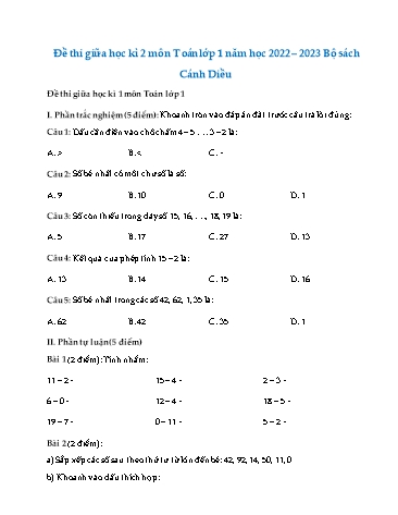 Đề thi giữa học kì 2 Toán 1 (Bộ sách cánh diều) - Năm học 2022-2023 (Có đáp án)