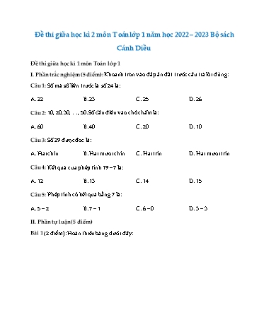 Đề thi giữa học kì 2 Toán 1 (Sách cánh diều) - Năm học 2022-2023 (Có đáp án)
