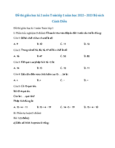 Đề thi giữa học kì 2 Toán Lớp 1 (Sách cánh diều) - Năm học 2022-2023 (Có đáp án)