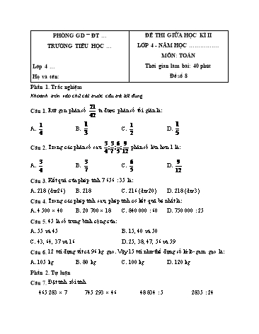 Đề thi giữa học kì II môn Tiếng Việt 4 (Có đáp án)