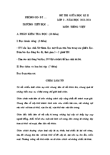 Đề thi giữa học kì II môn Tiếng Việt Lớp 3 - Năm học 2023-2024